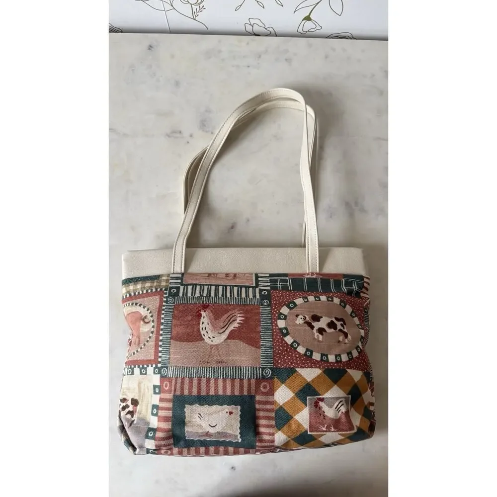 Farmhouse Patchwork Barn Horse Cow Chicken Country Cottagecore Tote Shoulder Bag